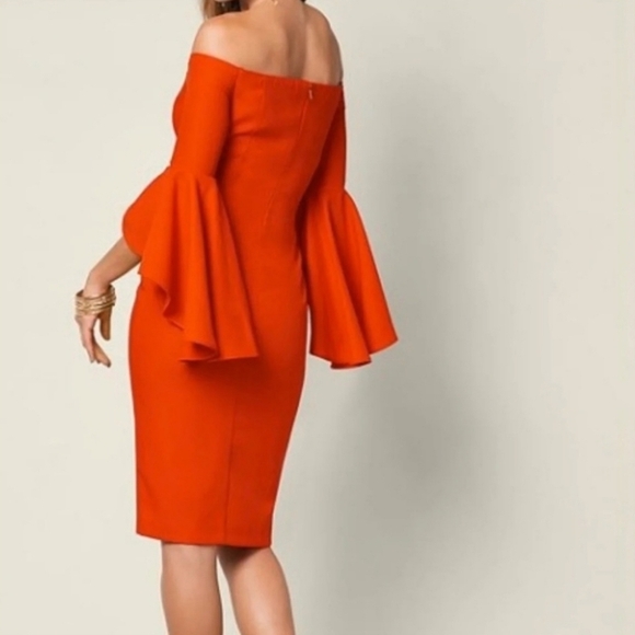 Venus Orange Off The Shoulder Bodycon Slit Tiered Ruffle Bell Sleeve Dress - Picture 2 of 6